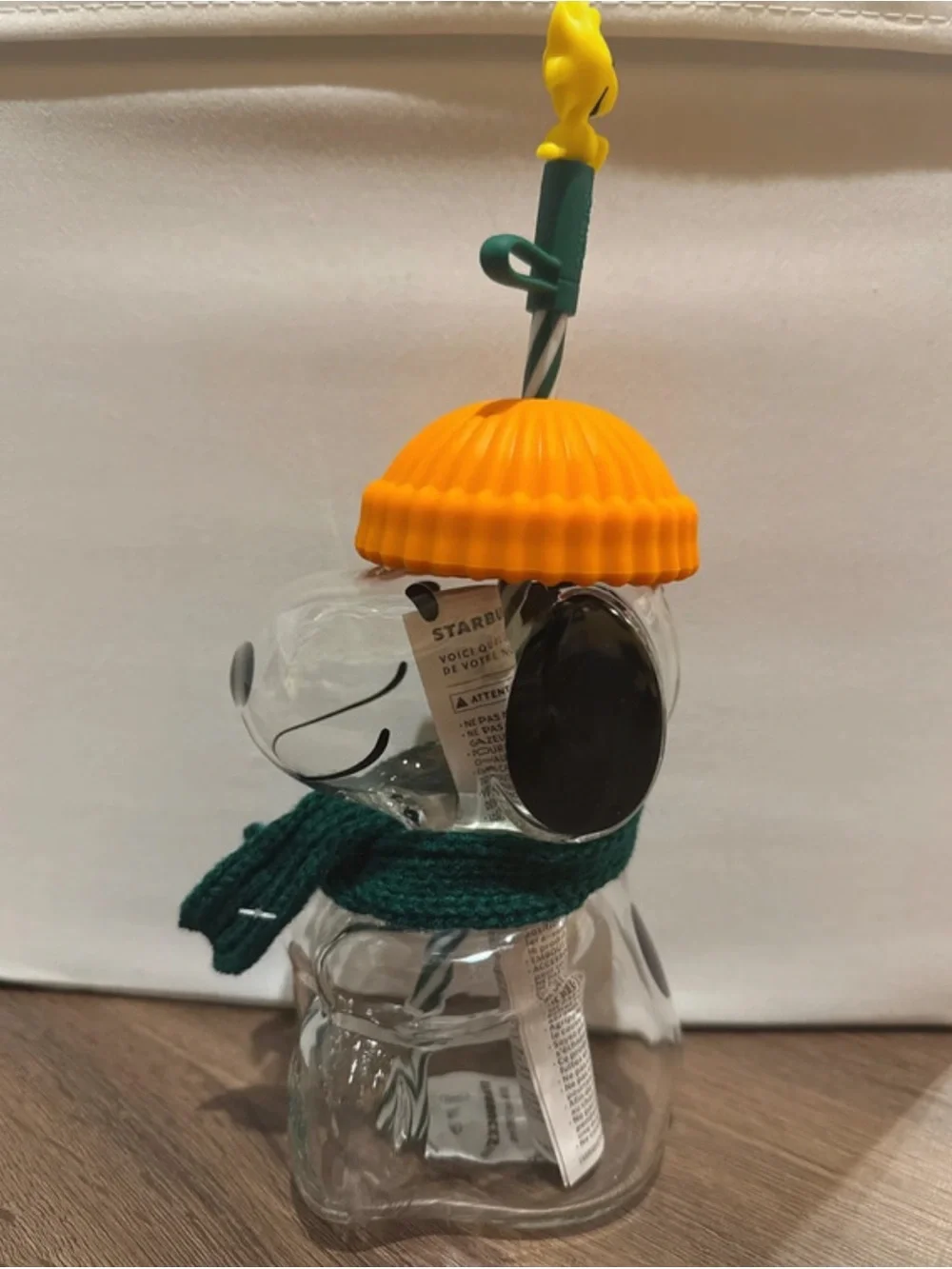 Starbucks Clear Glass Snowman Ornament with Orange Hat & Green Scarf